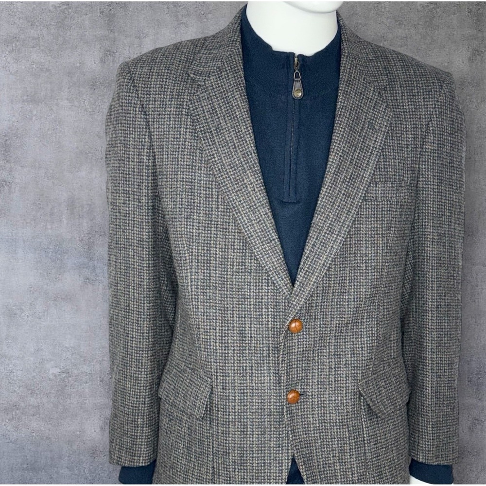 VTG Farah Wool Tweed Blazer Jacket Sport Suit Coat Gray Size 42R Leather Buttons